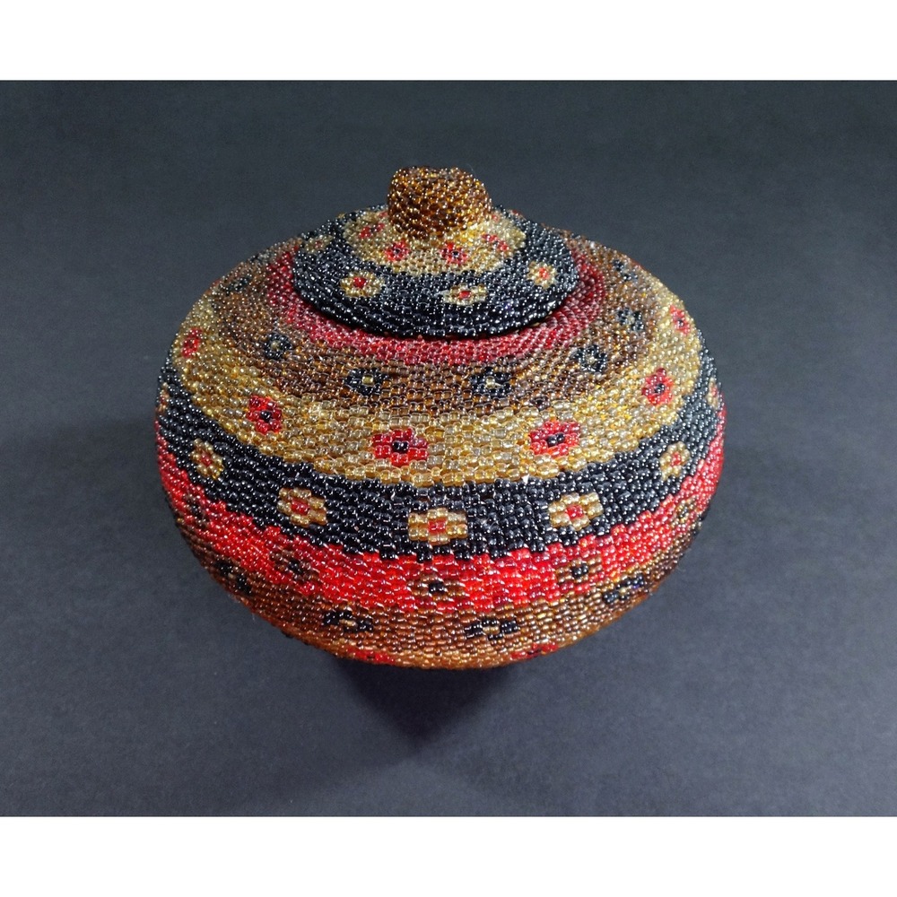 decorative folk art multicolor BEADWORK BASKET w Lid handcrafted Bali Indonesia